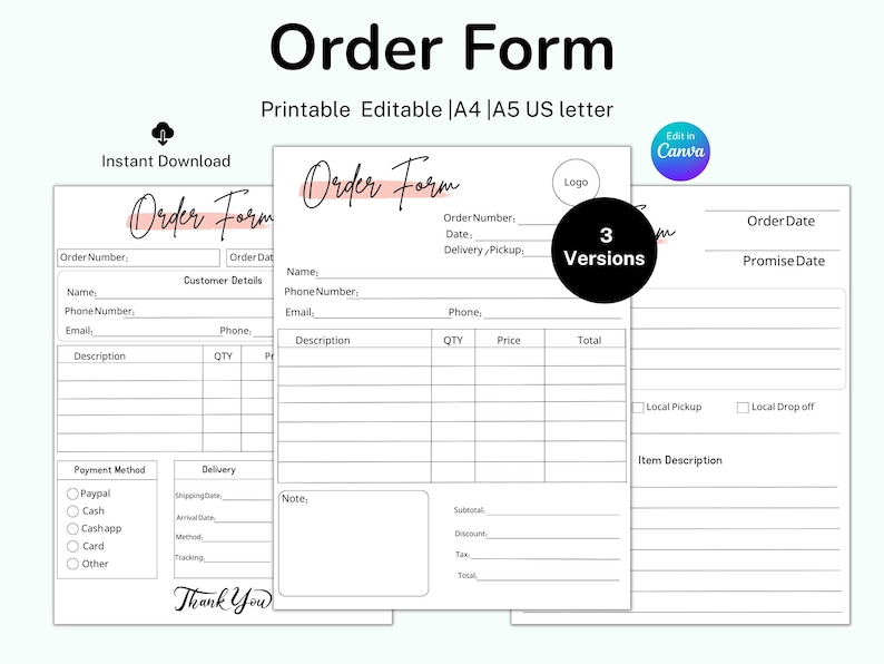 Editable Order Form Template: Small Business, Printable (canva, PDF, A4 ...
