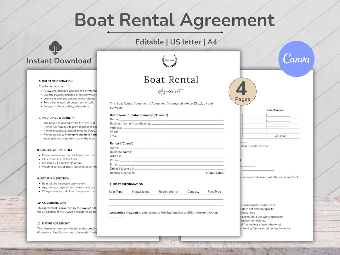 Editable Boat Rental Agreement Template Customizable Canva Contract