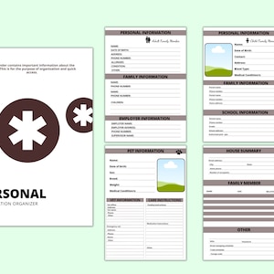 May include: A brown and white star graphic on a white background with the text "PERSONAL INFORMATION ORGANIZER". The image is a template for a binder to organize personal information for a family.