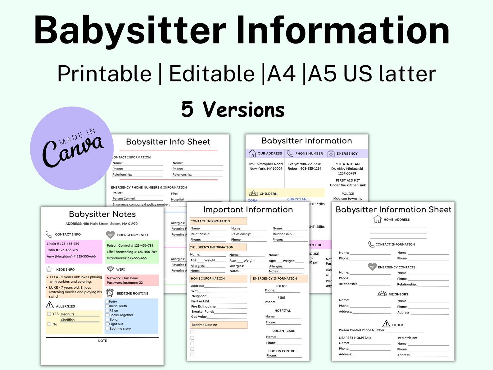 Printable babysitter binder and information sheet