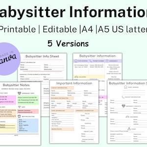 Raccoglitore stampabile BABYSITTER, Foglio informativo per babysitter, Raccoglitore per tata, Note per babysitter, Istruzioni per babysitter, Diario infantile, Badante A4