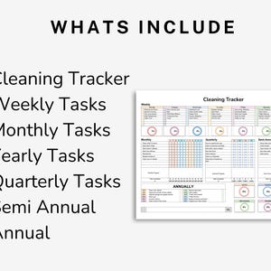 May include: A printable cleaning tracker with sections for weekly, monthly, quarterly, semi-annual, and annual tasks. The tracker includes progress circles for each time period and an overall progress circle.