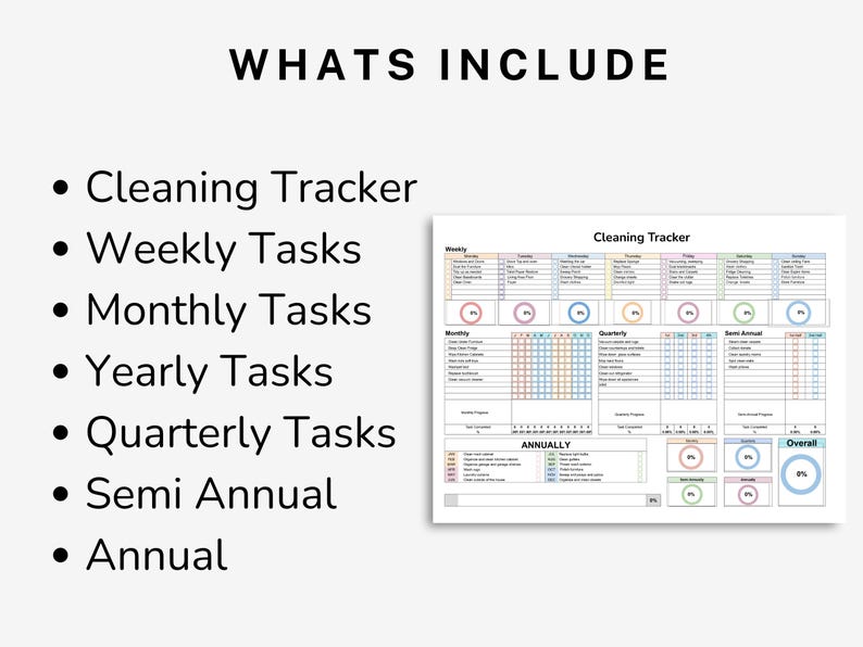May include: A printable cleaning tracker with sections for weekly, monthly, quarterly, semi-annual, and annual tasks. The tracker includes progress circles for each time period and an overall progress circle.