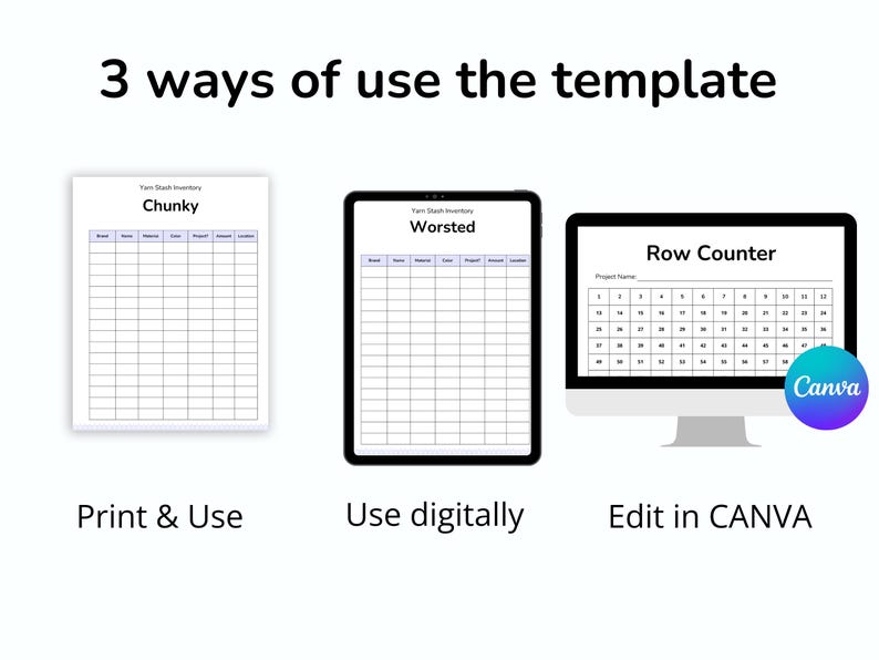 May include: Image showing three ways to use a template: print & use, use digitally, and edit in Canva. The template is for yarn stash inventory and row counting. The text includes "Chunky", "Worsted", and "Row Counter".