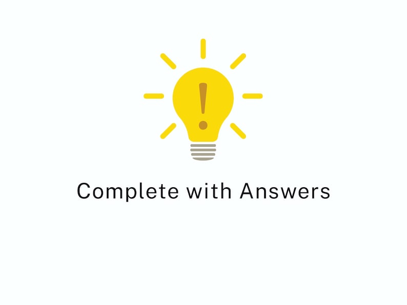 Puede incluir: Un icono de bombilla amarilla con un signo de exclamaci&oacute;n en el interior, que irradia l&iacute;neas amarillas, encima del texto "Complete with Answers" en negro. El fondo es blanco.