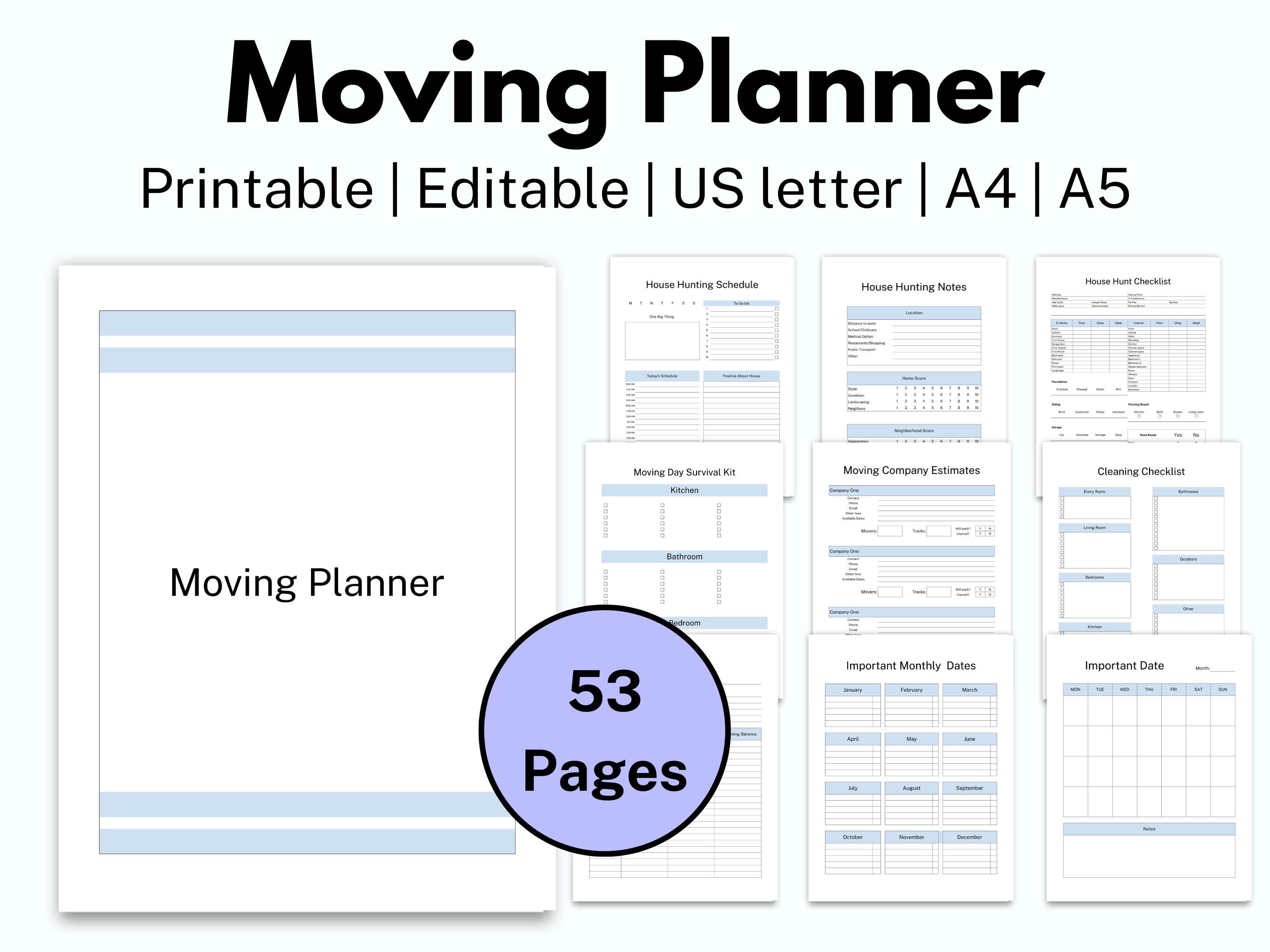 Editable Moving Planner Binder, Relocation Planner, Moving Checklist ...