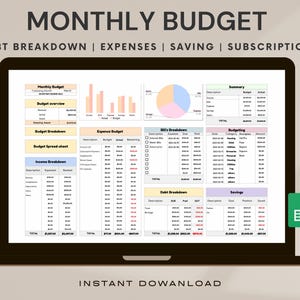 May include: A laptop screen displaying a monthly budget spreadsheet with sections for income, expenses, debt, savings, and budgeting. The spreadsheet is organized into tables with columns for description, budget, actual, and remaining. The spreadsheet is color-coded with different colors for each section. The spreadsheet is titled "Monthly Budget".