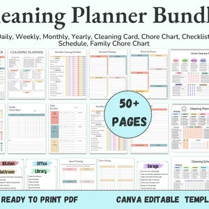 May include: A printable cleaning planner bundle with over 50 pages. The bundle includes daily, weekly, monthly, yearly, cleaning card, chore chart, checklist, schedule, and family chore chart templates. The templates are ready to print and can be edited in Canva.