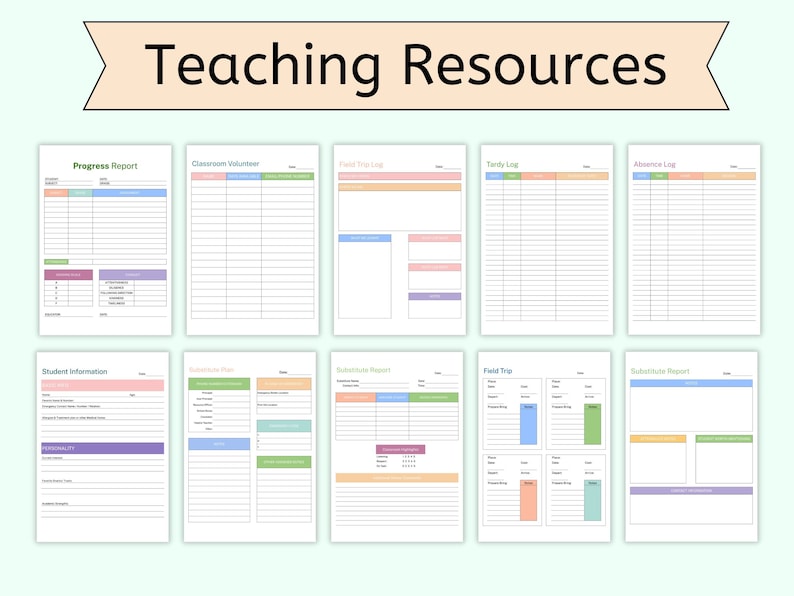 May include: Printable teaching resources for teachers, including a progress report, classroom volunteer log, field trip log, tardy log, absence log, student information, substitute plan, substitute report, field trip, and student data report. The forms are in a light pink, blue, green, and orange color scheme.