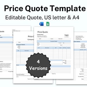 May include: Four different versions of a price quote template. The templates are designed for US letter and A4 paper sizes. The templates include sections for customer details, description, quantity, unit price, amount, terms and conditions, and signatures.