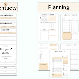 May include: Printable home management binder pages with sections for contacts, passwords, family information, weekly planner, monthly planner, daily plan, and weekly to-do list.