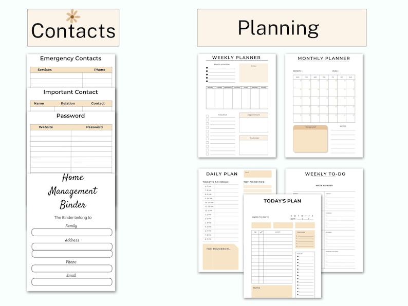 May include: Printable home management binder pages with sections for contacts, passwords, family information, weekly planner, monthly planner, daily plan, and weekly to-do list.