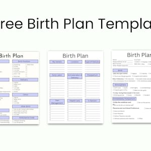 May include: Three birth plan templates with sections for details, birth position, and delivery preferences. The forms include checkboxes for various options, such as pain relief methods and birth environment.