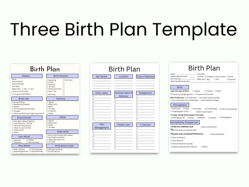 May include: Three birth plan templates with sections for details, birth position, and delivery preferences. The forms include checkboxes for various options, such as pain relief methods and birth environment.