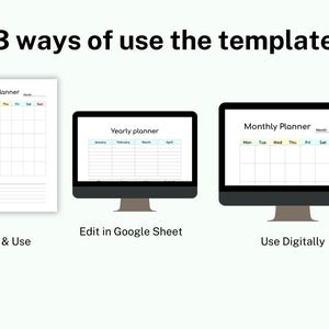 May include: Three ways to use a printable monthly planner template: print and use, edit in Google Sheets, or use digitally. The image shows a black and white monthly planner, a yearly planner with the months January through April, and a monthly planner with the days of the week labeled.