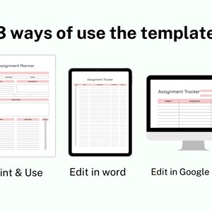 May include: Three different ways to use a printable assignment planner template. The first image shows a planner with sections for title, subject, due date, grade, objective, description, progress, notes, action plan, due date, and done. The second image shows a simple assignment tracker with sections for subject, assignment, due date, and done. The third image shows a similar assignment tracker with sections for subject, assignment, due date, and done.