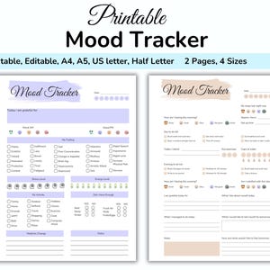 Op de afbeelding: Afdrukbare stemmingsmeter met twee pagina's. De eerste pagina heeft secties voor stemming, gevoelens, activiteit en dieet. De tweede pagina bevat secties voor dagelijkse taken, waterinname en dankbaarheid.
