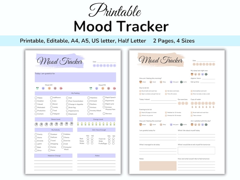 May include: Printable mood tracker with two pages. The first page has sections for mood, feelings, activity, and diet. The second page includes sections for daily tasks, water intake, and gratitude. The title "Mood Tracker" is at the top.