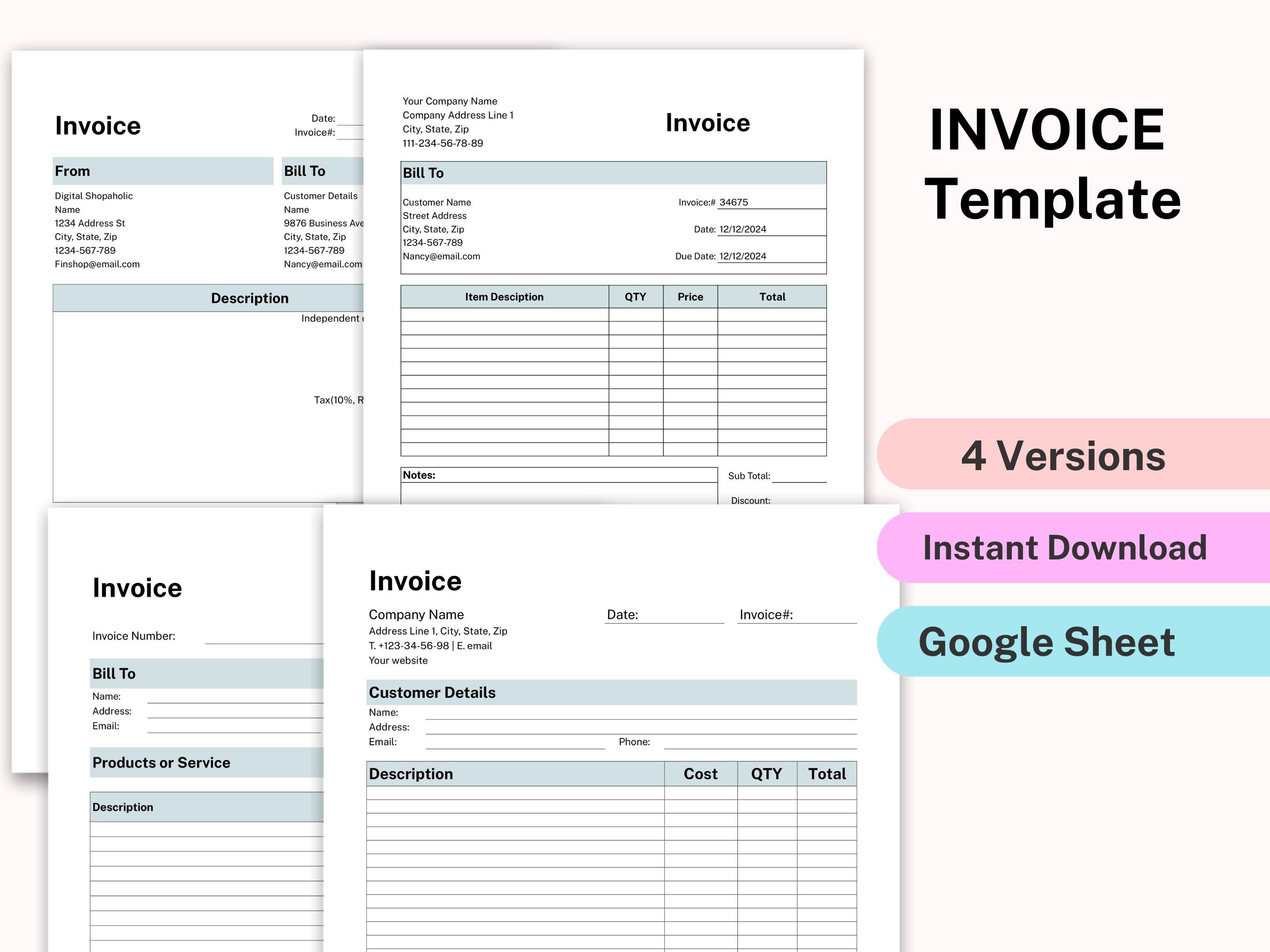 Printable Invoice Template, Small Business Billing Invoice, Services ...