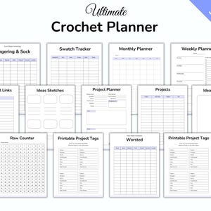 May include: A crochet planner with 30 pages, featuring sections for yarn inventory, swatch tracking, monthly and weekly planning, video tutorial links, project planning, and idea sketches. The planner includes a row counter and printable project tags.