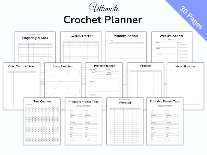 May include: A crochet planner with 30 pages, featuring sections for yarn inventory, swatch tracking, monthly and weekly planning, video tutorial links, project planning, and idea sketches. The planner includes a row counter and printable project tags.