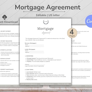 May include: A white and black mortgage agreement template with the title "Mortgage Agreement" and the text "Editable | US letter". The document includes sections for borrower, lender, loan terms, and definitions. The image also includes a Canva logo.