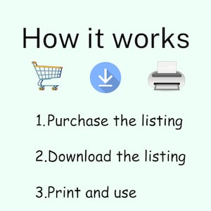 May include: An infographic titled "How it works" with a shopping cart, a download icon, and a printer icon. The steps are: 1. Purchase the listing, 2. Download the listing, and 3. Print and use.