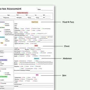 May include: A white medical assessment form titled "Head to Toe Assessment" with sections for patient information, head & face, chest, abdomen, and skin. Includes checkboxes and lines for detailed notes.
