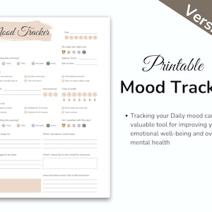 May include: Printable mood tracker with sections for daily mood, goals, and notes. The design includes the text "Mood Tracker" and "Printable Mood Tracker" in a handwritten style font. The tracker is designed to help improve emotional well-being.