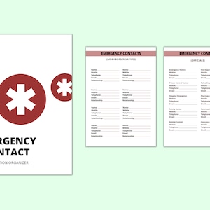 May include: A printable emergency contact information organizer with a red star of life symbol. The organizer has sections for neighbors, relatives, and officials.