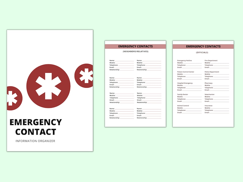 May include: A printable emergency contact information organizer with a red star of life symbol. The organizer has sections for neighbors, relatives, and officials.