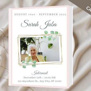 May include: A memorial card with a photo of Sarah Juba, framed by a gold geometric border and green leaves. The card includes the dates August 1960 - September 2025, and details for the interment on December 12th at 10:00 AM.