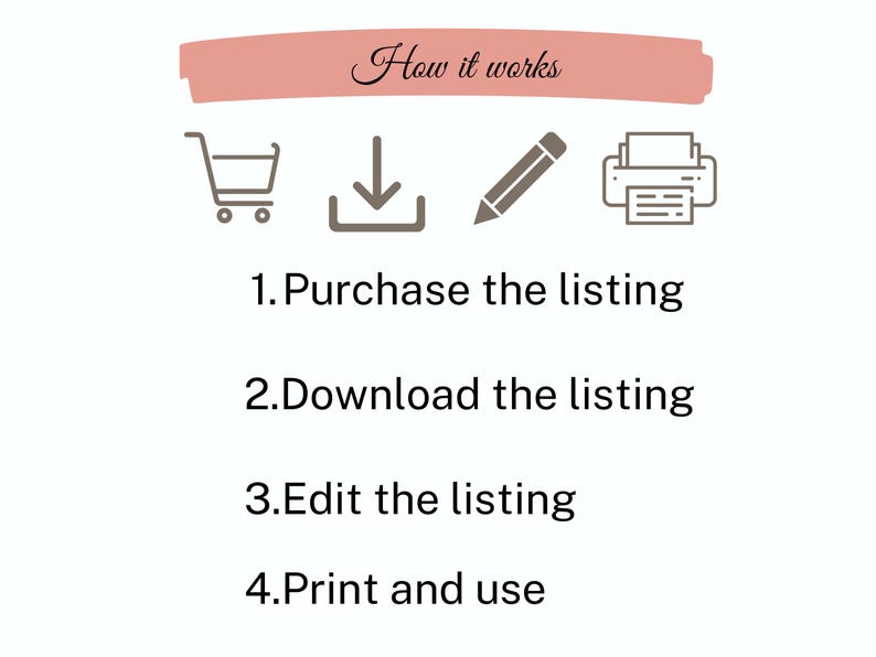 May include: White graphic with the text "How it works" above four steps: purchase, download, edit, and print. Each step is accompanied by a corresponding icon: shopping cart, download arrow, pencil, and printer.