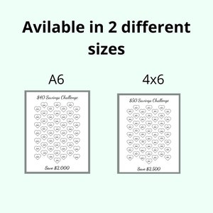 May include: Two savings challenge charts, one A6 and one 4x6, with heart-shaped boxes. The A6 chart is for a $40 savings challenge, aiming to save $2,000. The 4x6 chart is for a $50 savings challenge, aiming to save $2,500.