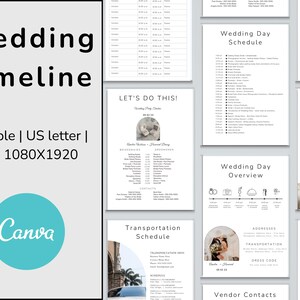 Pode incluir: Um modelo de cronograma de casamento imprimível com fundo branco e texto preto. O modelo inclui seções para o cronograma do dia do casamento, visão geral, cronograma de transporte, cronograma de ensaio, contatos de fornecedores e endereços. O modelo é editável e pode ser impresso em papel A4 ou carta dos EUA.