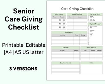 EDITABLE Caregiving Elderly Care Checklist, Senior Care, Self Care Checklist Printable, Care log, Daily cleaning, Daily Tasks, Housekeeping