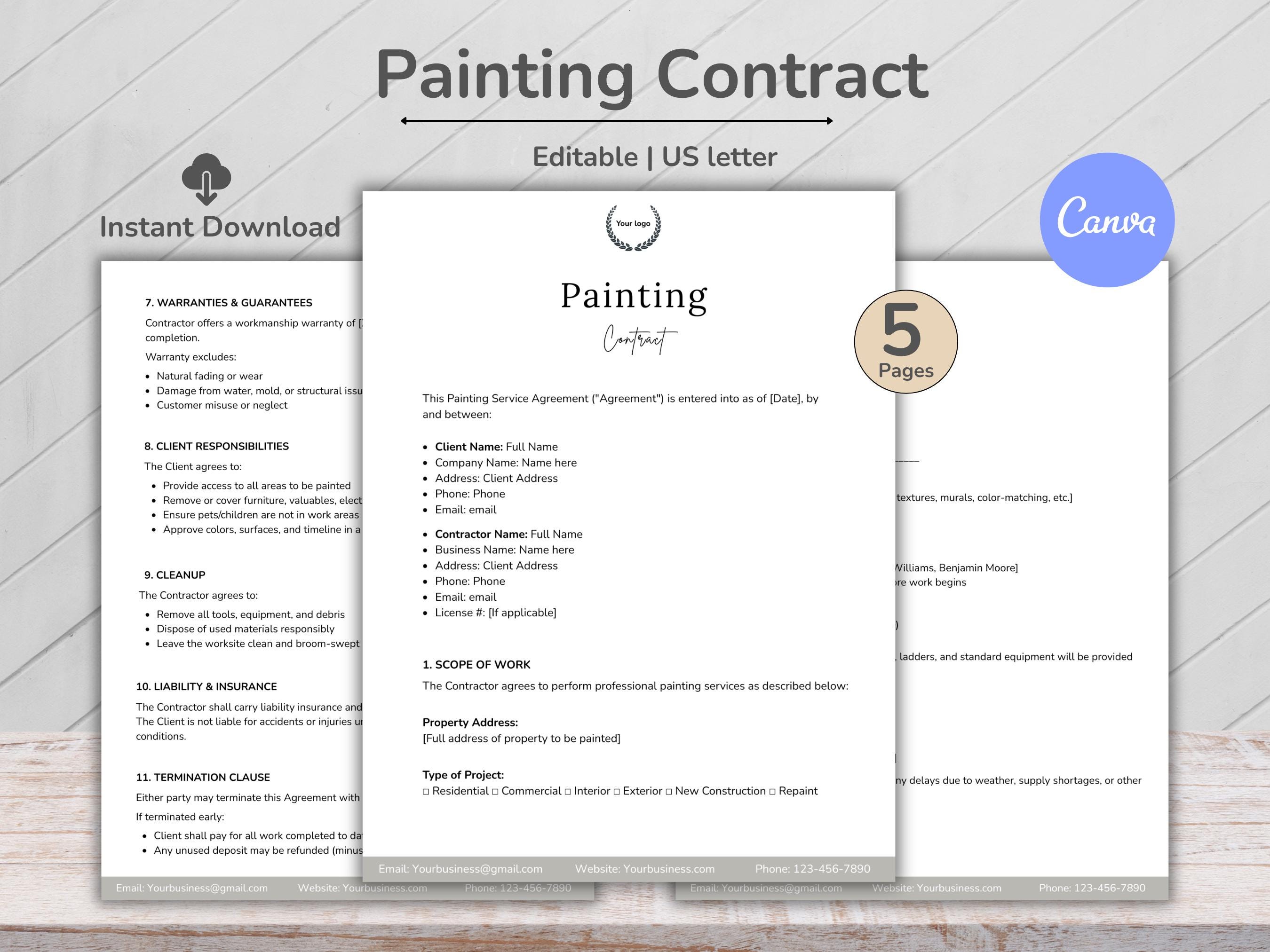 Painting Contract Template, Professional Painting Contract, Painting Estimate, House Painter, Client Agreement, Painting Services, Printable