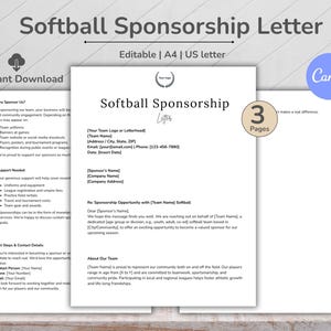 Softball Sponsorship Letter Template, Sponsorship Proposal, Sponsorship Level, Fundraising Letter Template, Donation Request Letter, Canva