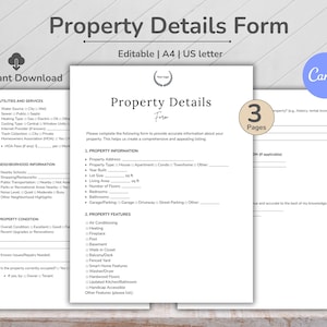 Property Details Form Template, Property Information, Real Estate Document, Property Management, House Rental Information Form, Printable