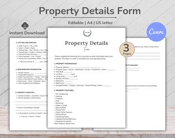 Pode incluir: Um Formulário de Detalhes da Propriedade, editável nos tamanhos A4 e US Letter, é exibido. O formulário inclui seções para informações da propriedade, recursos, utilidades e detalhes da vizinhança. O design é limpo e profissional, com um logotipo Canva.