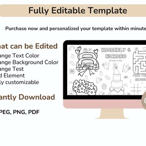 May include: A computer monitor displays a customizable wedding template. The template includes a car with hearts, a wedding cake, and a maze. Text on the screen says "KIMBERLY & RICHARD" and "FIND THE RINGS". The template is fully editable.
