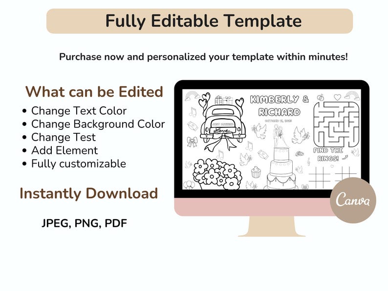 May include: A computer monitor displays a customizable wedding template. The template includes a car with hearts, a wedding cake, and a maze. Text on the screen says "KIMBERLY & RICHARD" and "FIND THE RINGS". The template is fully editable.