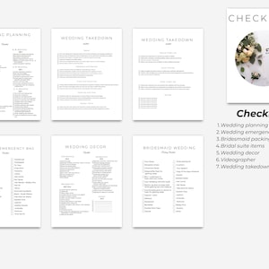 May include: A set of printable wedding checklists with titles including Wedding Planning, Wedding Takedown, Wedding Emergency Bag, Wedding Decor, and Bridesmaid Wedding. The checklists are in black and white and have a simple design.