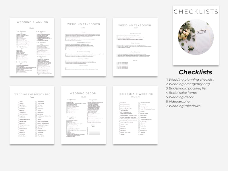 May include: A set of printable wedding checklists with titles including Wedding Planning, Wedding Takedown, Wedding Emergency Bag, Wedding Decor, and Bridesmaid Wedding. The checklists are in black and white and have a simple design.