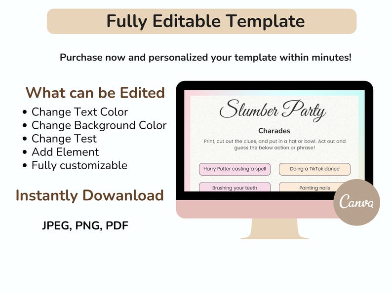 May include: A pink and blue computer screen displaying a printable slumber party game template with the text "Slumber Party Charades". The text instructs users to print, cut out, and put the clues in a hat or bowl. The game includes four charades ideas: Harry Potter casting a spell, doing a TikTok dance, brushing your teeth, and painting nails. The screen also displays the Canva logo.