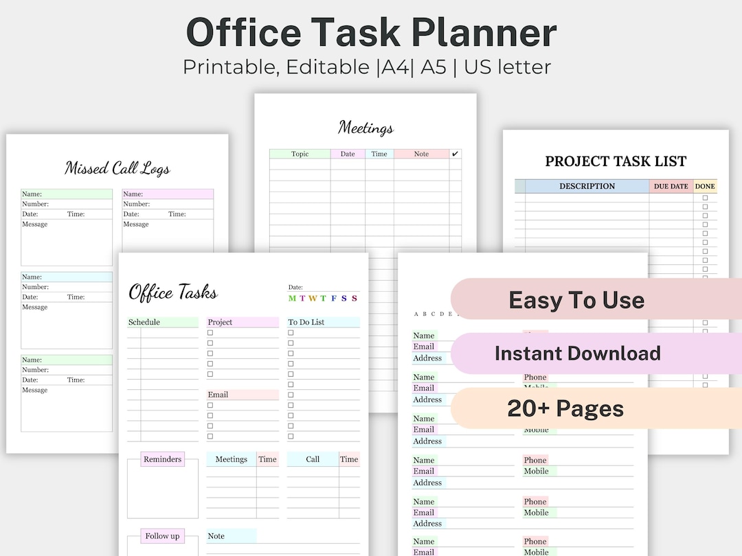 Editable Office Task Planner Bundle, Printable Work Schedule Planner ...