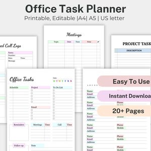 Puede incluir: Un planificador de tareas de oficina imprimible con más de 20 páginas. El planificador incluye secciones para registros de llamadas perdidas, reuniones, tareas de oficina, listas de tareas de proyectos e información de contacto. El planificador está diseñado en un esquema de color pastel con acentos azul claro, rosa y verde.