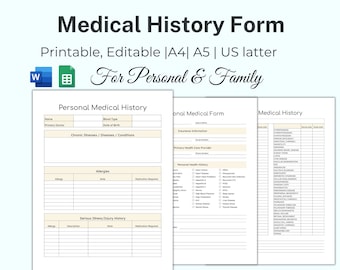 Medical History Form, Medical Log, Medical Forms Printable, Medical Binder, Family Medical History Forms, Health History A4, Medical Record