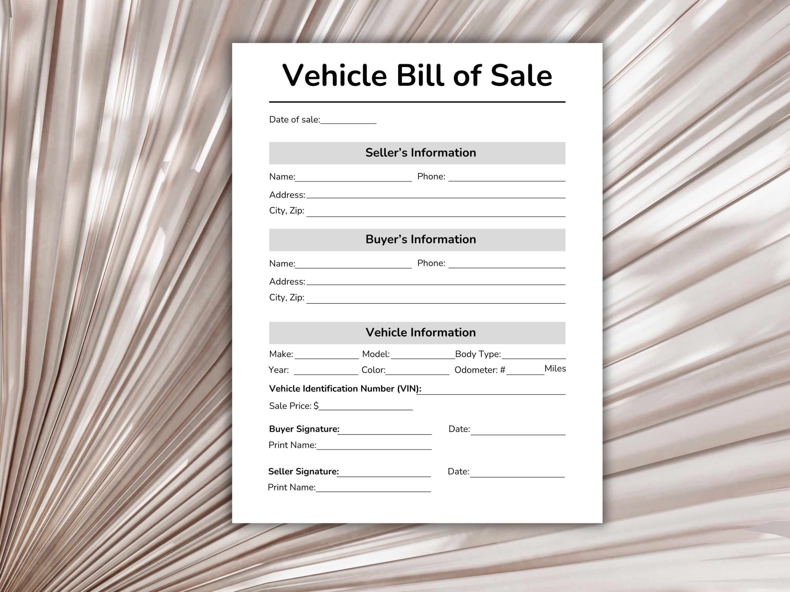 Vehicle Bill of Sale Template, Motor Vehicle Bill of Sale, Auto ...