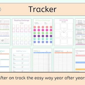 May include: A set of printable teacher planner pages with colorful borders. The pages include trackers for reading challenges, 30-day challenges, unit studies, field trip reports, field trip trackers, reading logs, assignment trackers, and re-do assignment trackers. The text "Tracker" is at the top of the image. The text "After on track the easy way year after years!" is at the bottom of the image.